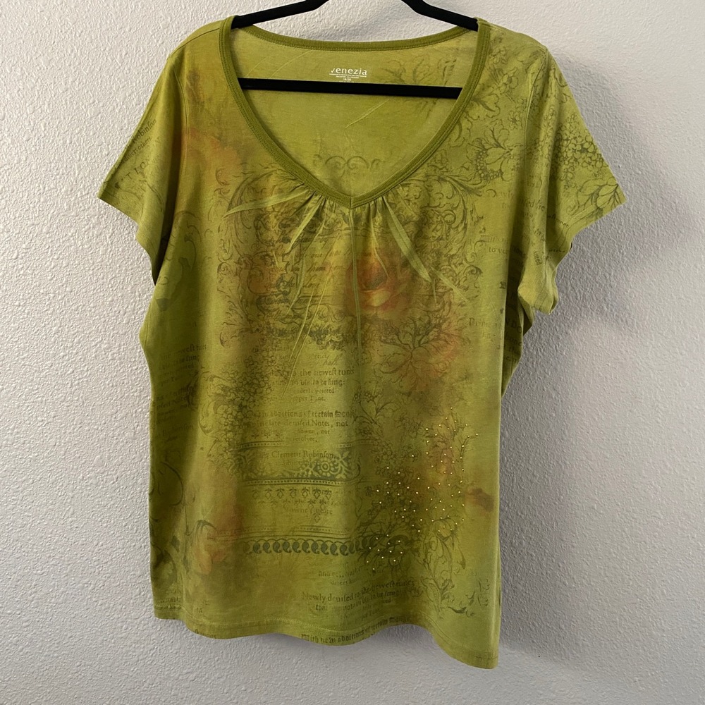Y2K Green T Shirt 18/20 Fairy Grunge Fairycore 2000s Paisley Rhinestone Bohemian